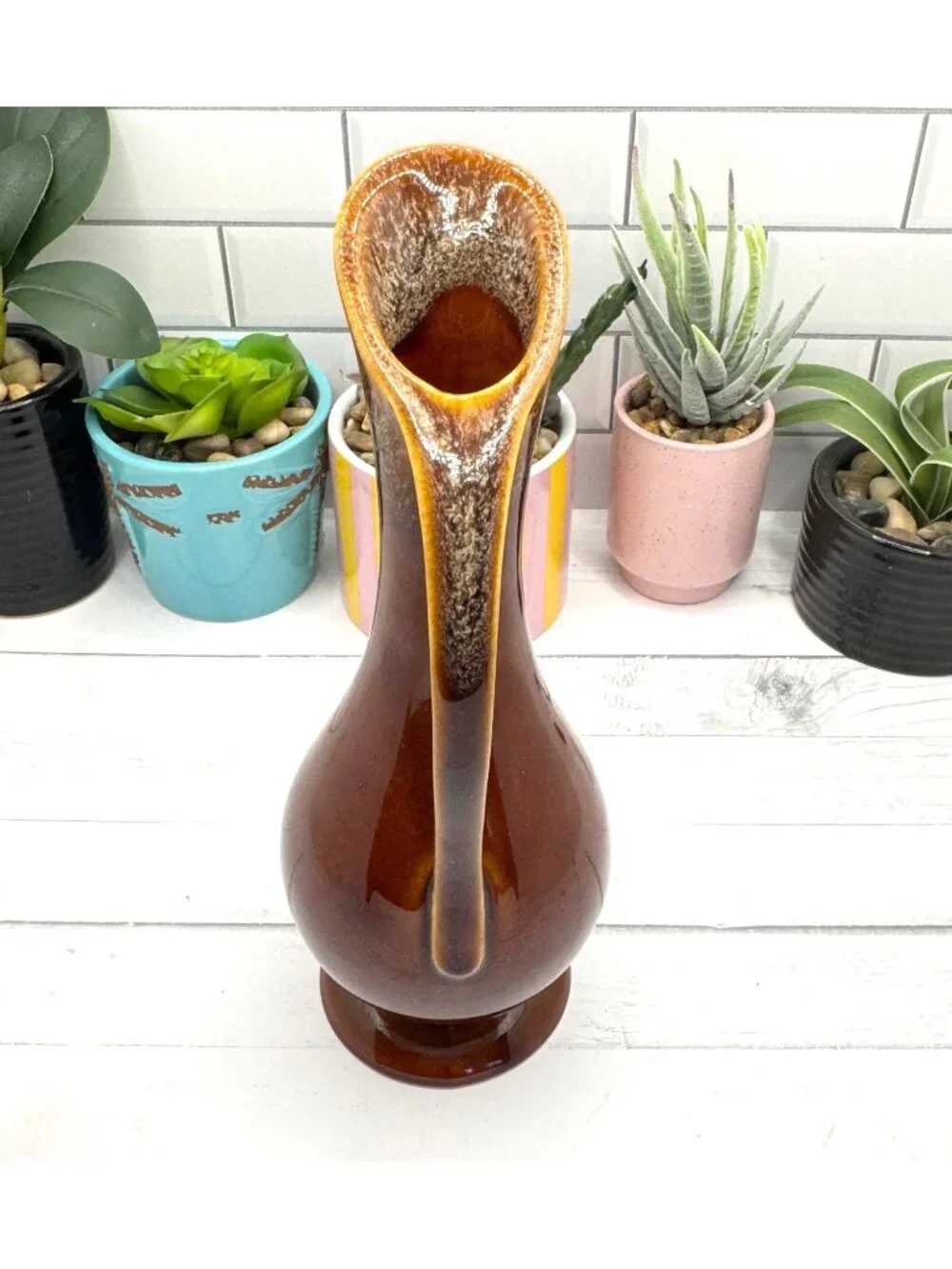 Vintage MCM Dalton USA Brown Drip Glaze Ceramic Ewer Vase With Handle
